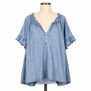 Lands End Chambray Ruffle Trim Peasant Top Plus Size 3X Blue Henley Coastal Boho